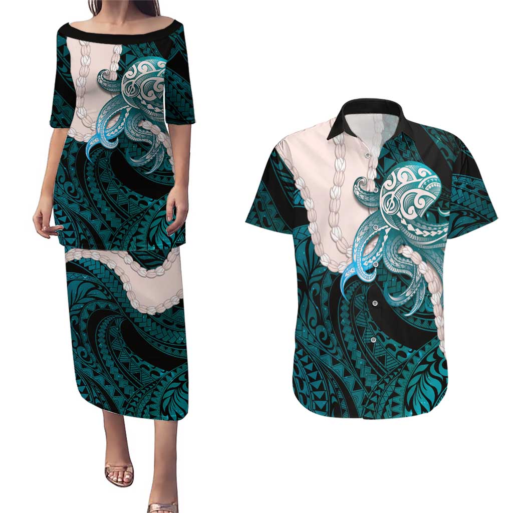 Teal Galaxy Polynesia Tribal Octopus Tattoo Couples Matching Puletasi and Hawaiian Shirt Pikake Lei Polynesian Pattern LT14 Teal - Polynesian Pride