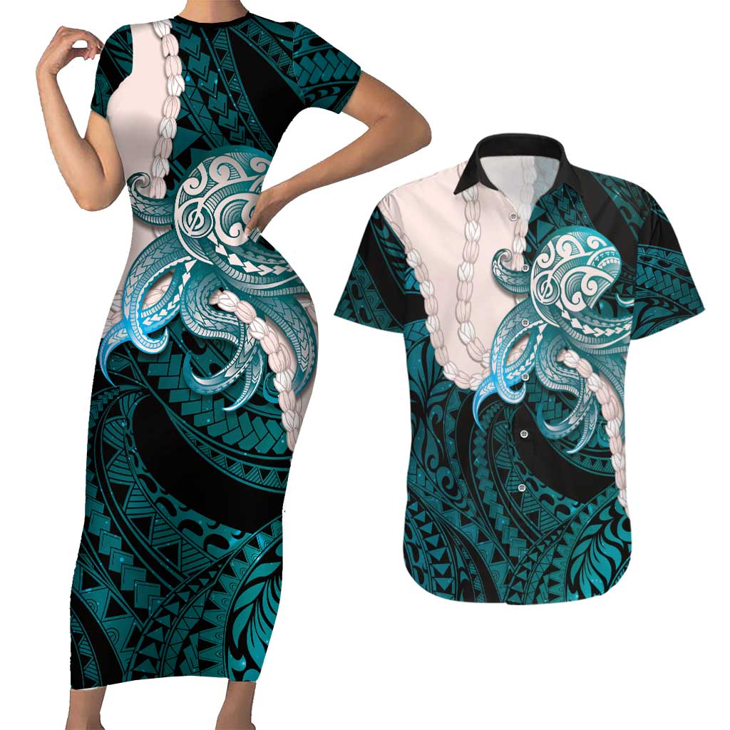 Teal Galaxy Polynesia Tribal Octopus Tattoo Couples Matching Short Sleeve Bodycon Dress and Hawaiian Shirt Pikake Lei Polynesian Pattern LT14 Teal - Polynesian Pride