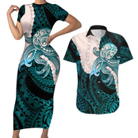 Teal Galaxy Polynesia Tribal Octopus Tattoo Couples Matching Short Sleeve Bodycon Dress and Hawaiian Shirt Pikake Lei Polynesian Pattern LT14 Teal - Polynesian Pride