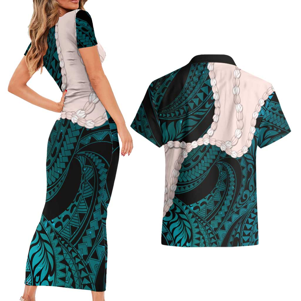 Teal Galaxy Polynesia Tribal Octopus Tattoo Couples Matching Short Sleeve Bodycon Dress and Hawaiian Shirt Pikake Lei Polynesian Pattern LT14 - Polynesian Pride