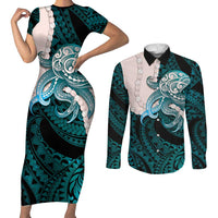 Teal Galaxy Polynesia Tribal Octopus Tattoo Couples Matching Short Sleeve Bodycon Dress and Long Sleeve Button Shirt Pikake Lei Polynesian Pattern LT14 Teal - Polynesian Pride