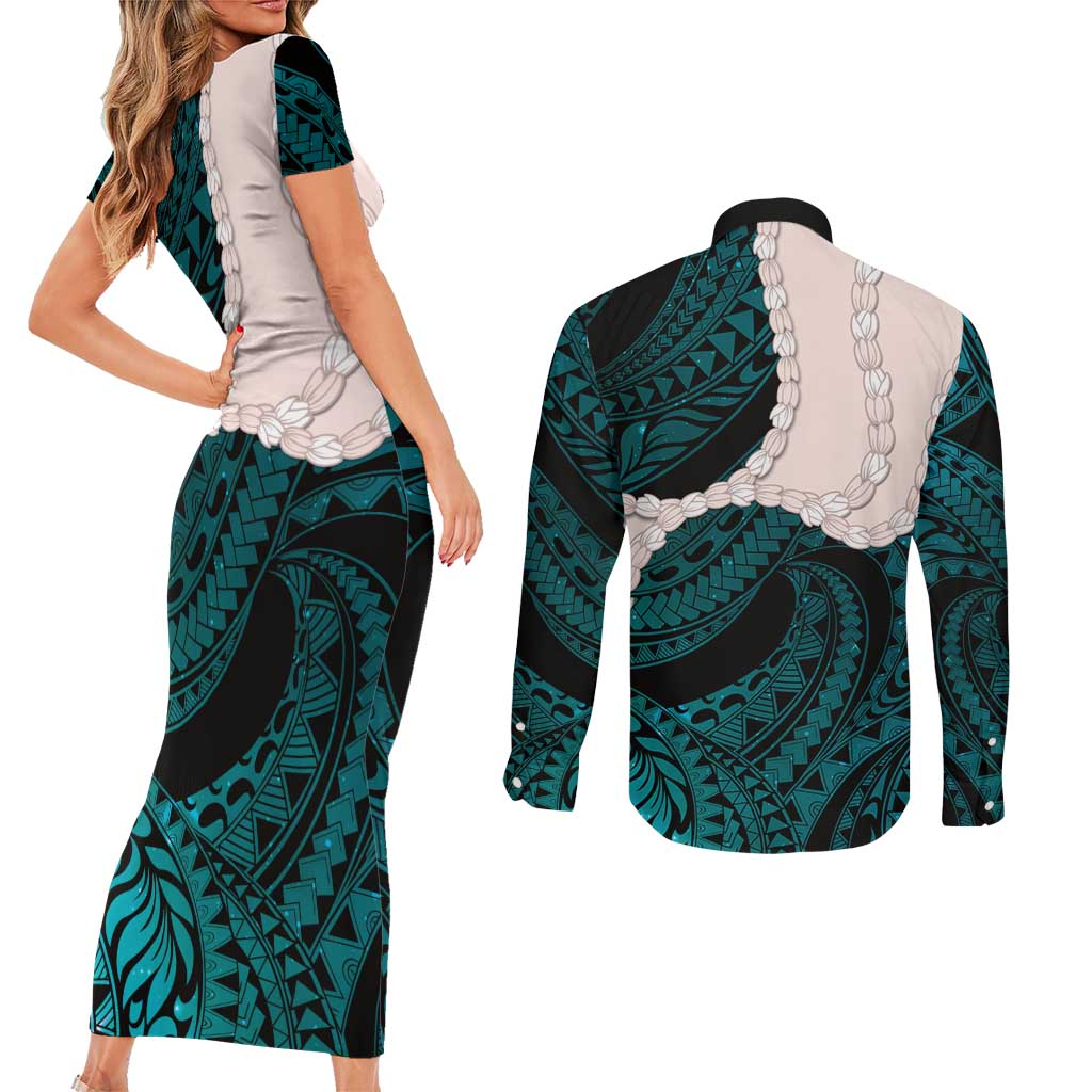 Teal Galaxy Polynesia Tribal Octopus Tattoo Couples Matching Short Sleeve Bodycon Dress and Long Sleeve Button Shirt Pikake Lei Polynesian Pattern LT14 - Polynesian Pride