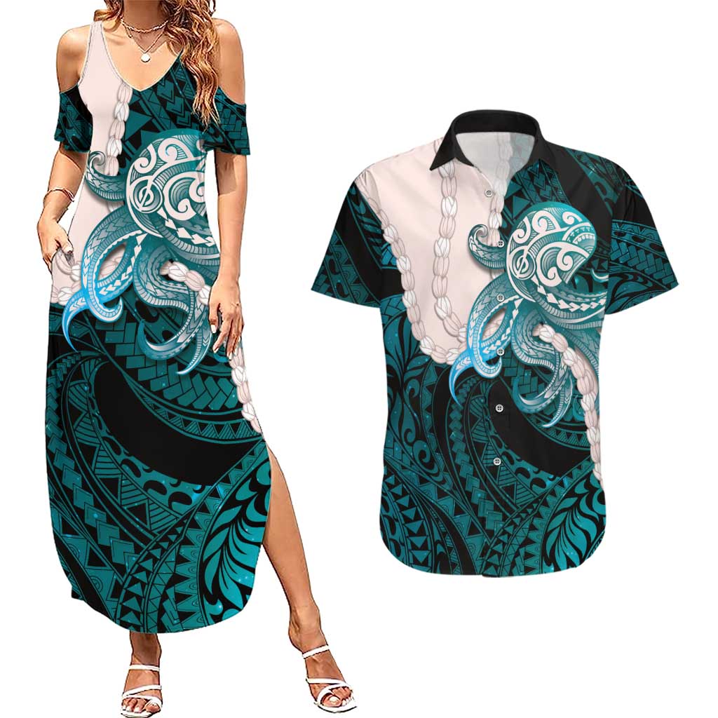 Teal Galaxy Polynesia Tribal Octopus Tattoo Couples Matching Summer Maxi Dress and Hawaiian Shirt Pikake Lei Polynesian Pattern LT14 Teal - Polynesian Pride