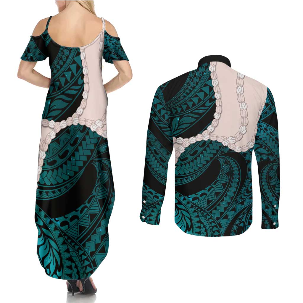 Teal Galaxy Polynesia Tribal Octopus Tattoo Couples Matching Summer Maxi Dress and Long Sleeve Button Shirt Pikake Lei Polynesian Pattern LT14 - Polynesian Pride