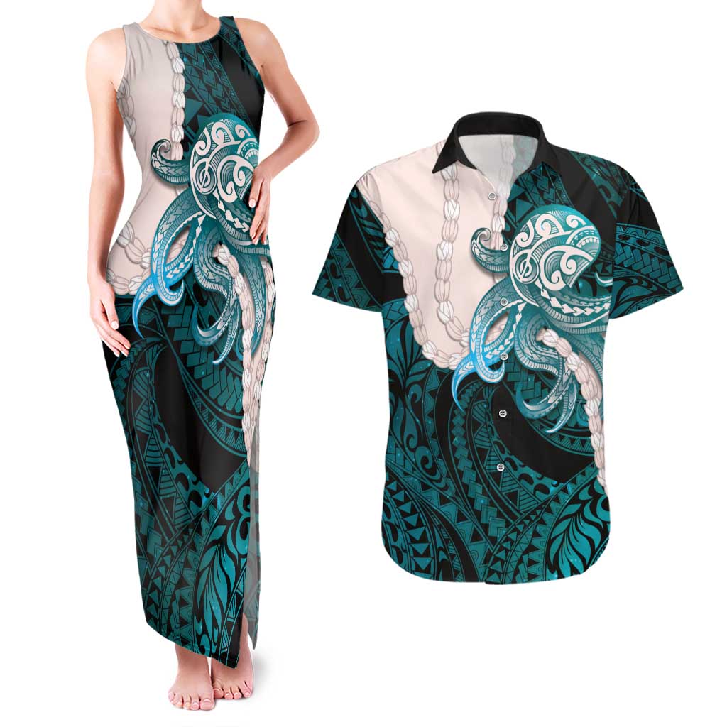 Teal Galaxy Polynesia Tribal Octopus Tattoo Couples Matching Tank Maxi Dress and Hawaiian Shirt Pikake Lei Polynesian Pattern LT14 Teal - Polynesian Pride