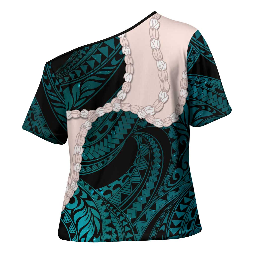 Teal Galaxy Polynesia Tribal Octopus Tattoo Cross Shoulder Shirt Pikake Lei Polynesian Pattern LT14 - Polynesian Pride