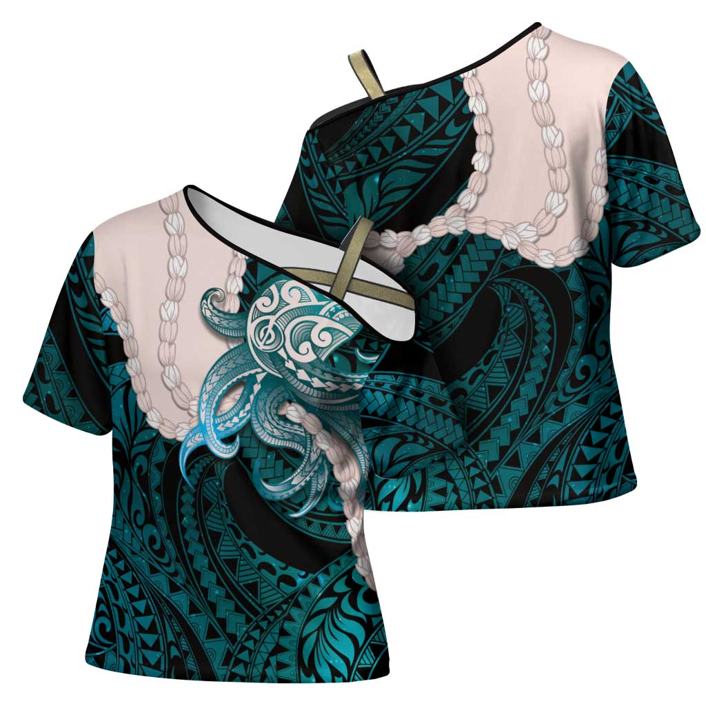 Teal Galaxy Polynesia Tribal Octopus Tattoo Cross Shoulder Shirt Pikake Lei Polynesian Pattern LT14 - Polynesian Pride