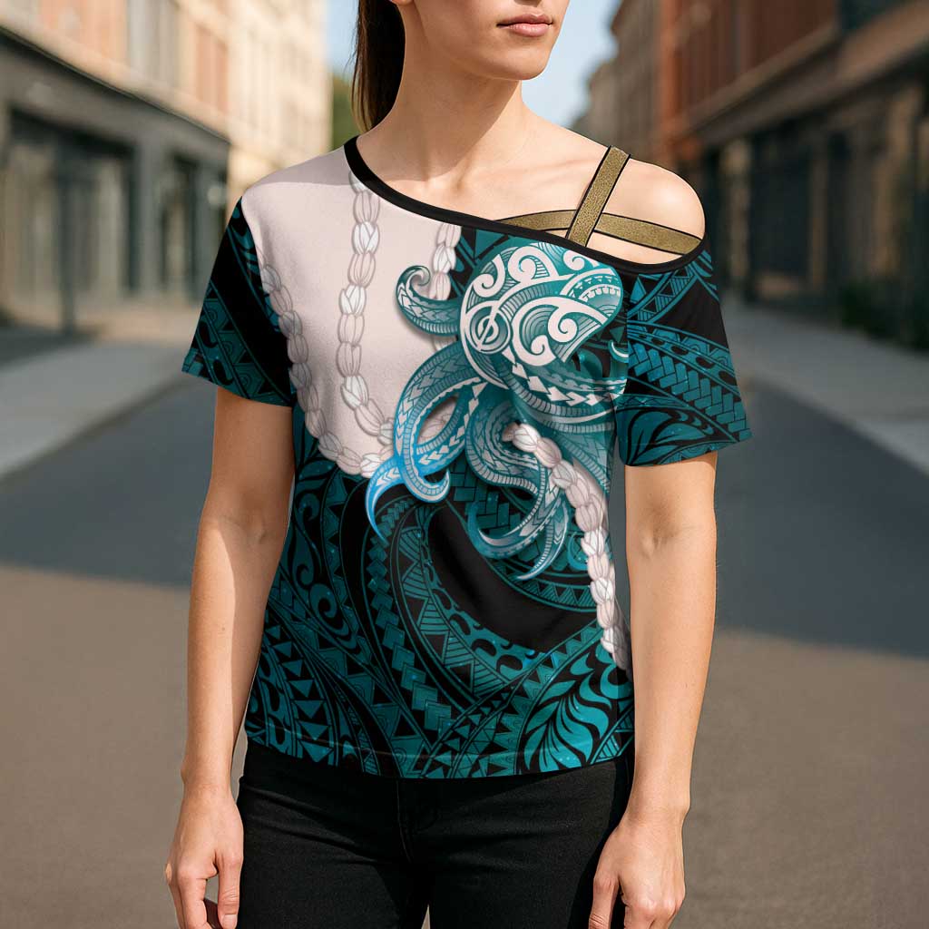 Teal Galaxy Polynesia Tribal Octopus Tattoo Cross Shoulder Shirt Pikake Lei Polynesian Pattern LT14 - Polynesian Pride