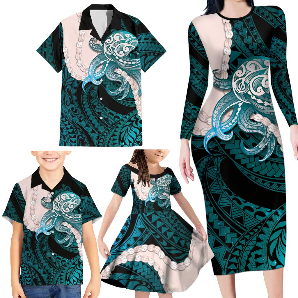 Teal Galaxy Polynesia Tribal Octopus Tattoo Family Matching Long Sleeve Bodycon Dress and Hawaiian Shirt Pikake Lei Polynesian Pattern