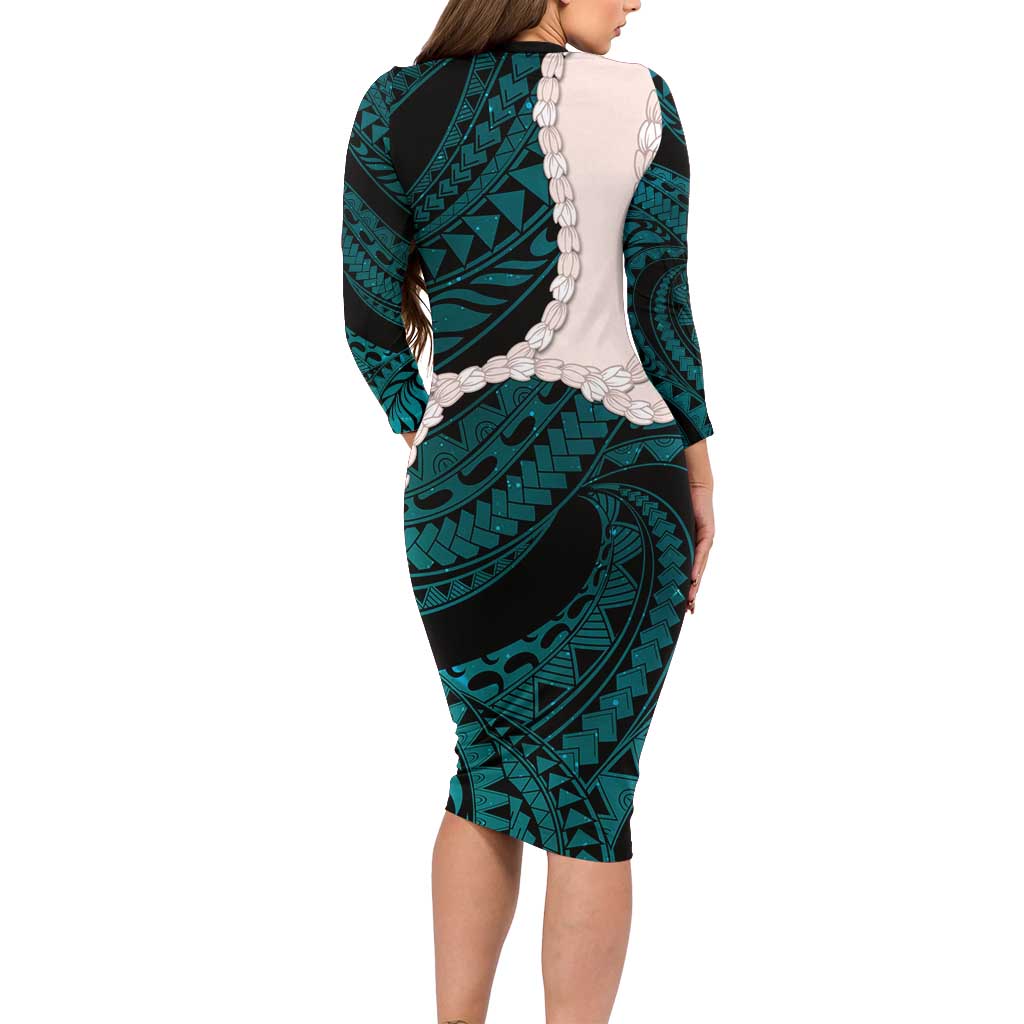 Teal Galaxy Polynesia Tribal Octopus Tattoo Family Matching Long Sleeve Bodycon Dress and Hawaiian Shirt Pikake Lei Polynesian Pattern