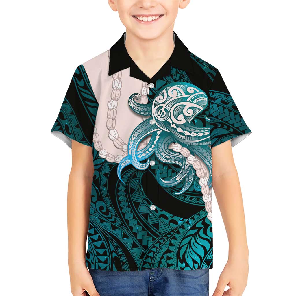 Teal Galaxy Polynesia Tribal Octopus Tattoo Family Matching Long Sleeve Bodycon Dress and Hawaiian Shirt Pikake Lei Polynesian Pattern