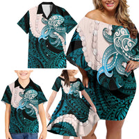 Teal Galaxy Polynesia Tribal Octopus Tattoo Family Matching Off Shoulder Short Dress and Hawaiian Shirt Pikake Lei Polynesian Pattern