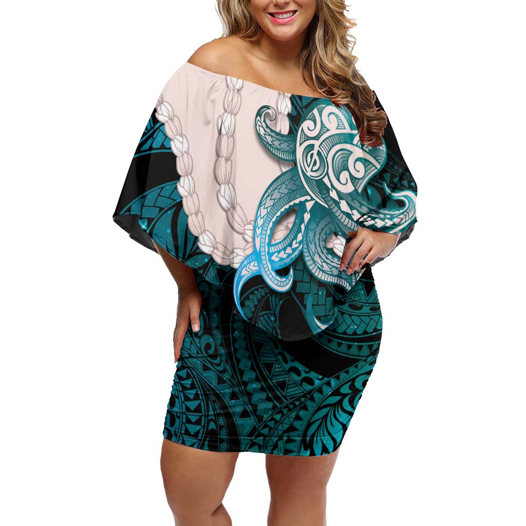 Teal Galaxy Polynesia Tribal Octopus Tattoo Family Matching Off Shoulder Short Dress and Hawaiian Shirt Pikake Lei Polynesian Pattern