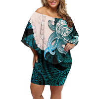 Teal Galaxy Polynesia Tribal Octopus Tattoo Family Matching Off Shoulder Short Dress and Hawaiian Shirt Pikake Lei Polynesian Pattern