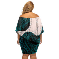 Teal Galaxy Polynesia Tribal Octopus Tattoo Family Matching Off Shoulder Short Dress and Hawaiian Shirt Pikake Lei Polynesian Pattern