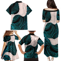 Teal Galaxy Polynesia Tribal Octopus Tattoo Family Matching Puletasi and Hawaiian Shirt Pikake Lei Polynesian Pattern