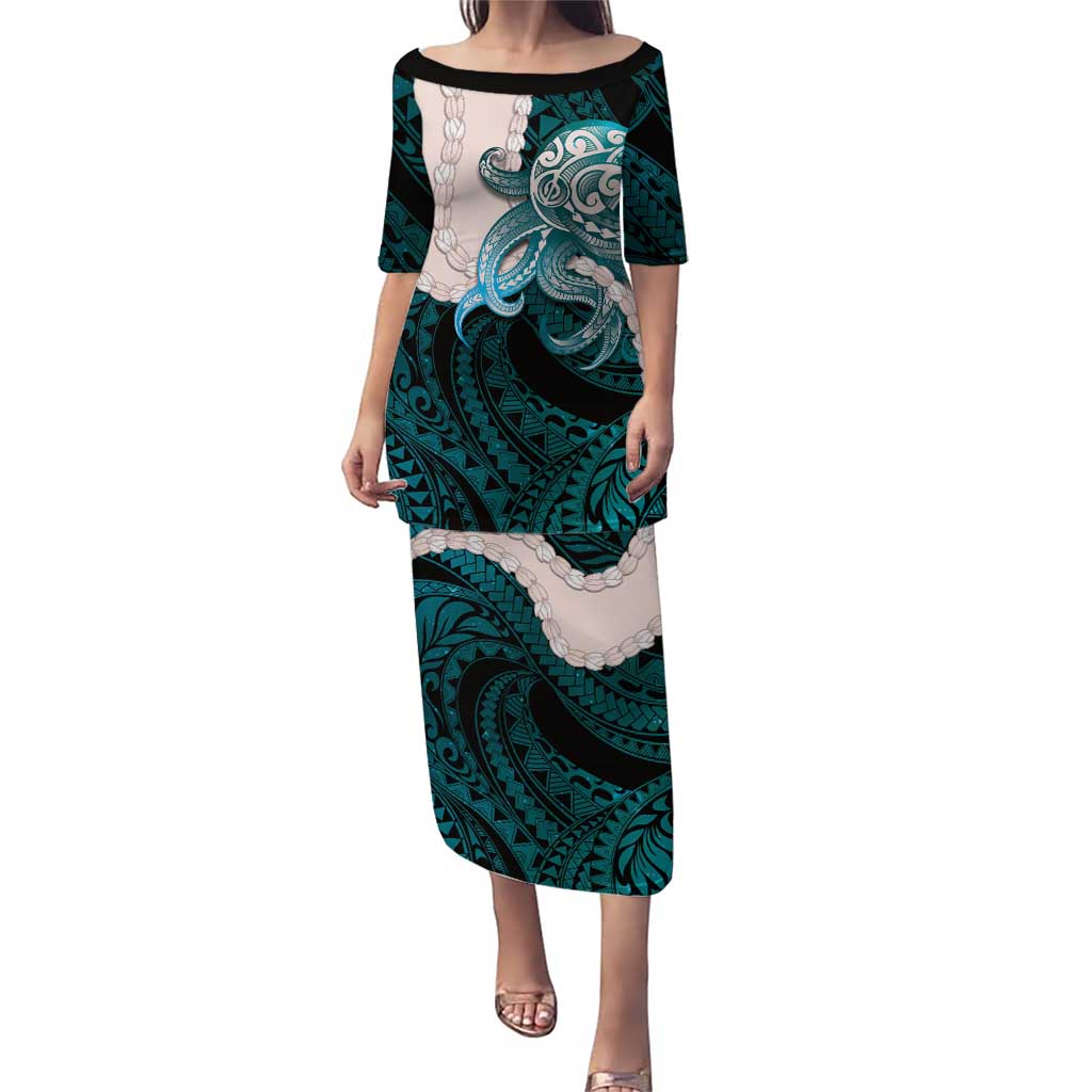 Teal Galaxy Polynesia Tribal Octopus Tattoo Family Matching Puletasi and Hawaiian Shirt Pikake Lei Polynesian Pattern