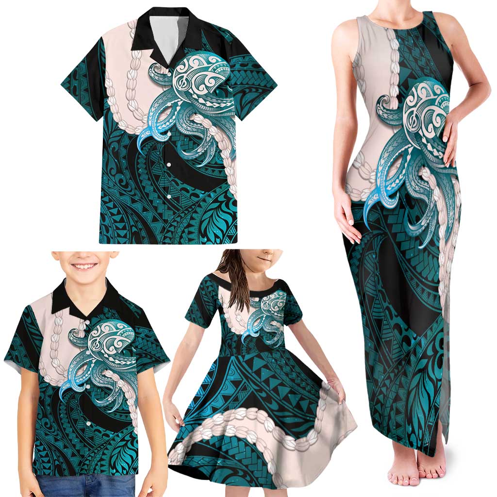 Teal Galaxy Polynesia Tribal Octopus Tattoo Family Matching Tank Maxi Dress and Hawaiian Shirt Pikake Lei Polynesian Pattern