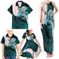 Teal Galaxy Polynesia Tribal Octopus Tattoo Family Matching Tank Maxi Dress and Hawaiian Shirt Pikake Lei Polynesian Pattern