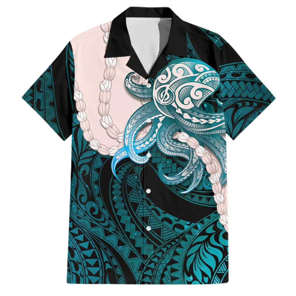 Teal Galaxy Polynesia Tribal Octopus Tattoo Family Matching Tank Maxi Dress and Hawaiian Shirt Pikake Lei Polynesian Pattern