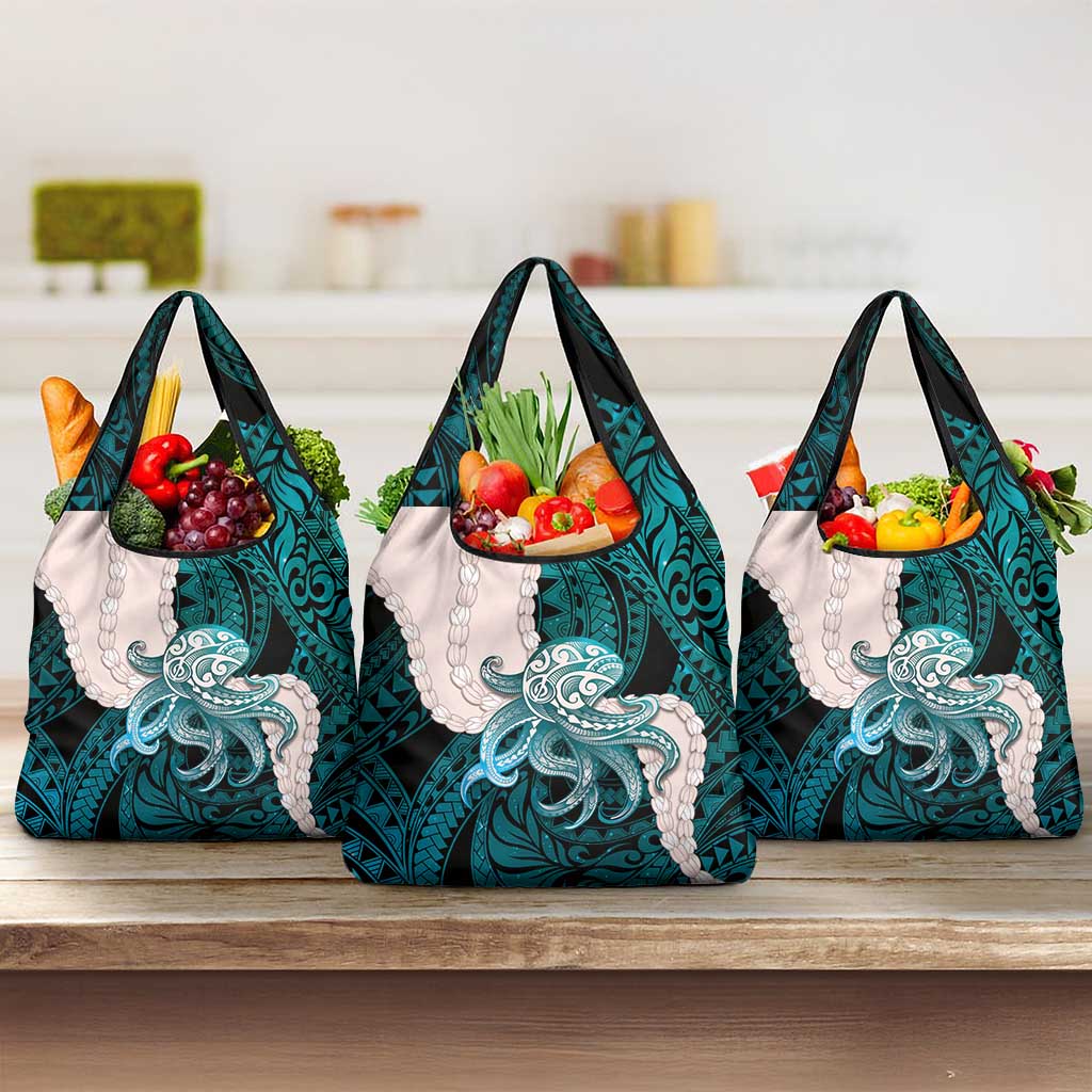 Teal Galaxy Polynesia Tribal Octopus Tattoo Grocery Bag Pikake Lei Polynesian Pattern LT14 3-pack One Size Teal - Polynesian Pride