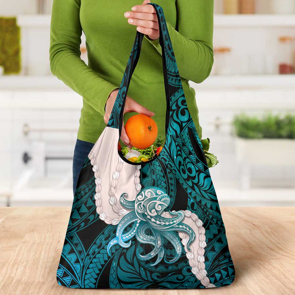 Teal Galaxy Polynesia Tribal Octopus Tattoo Grocery Bag Pikake Lei Polynesian Pattern LT14 - Polynesian Pride