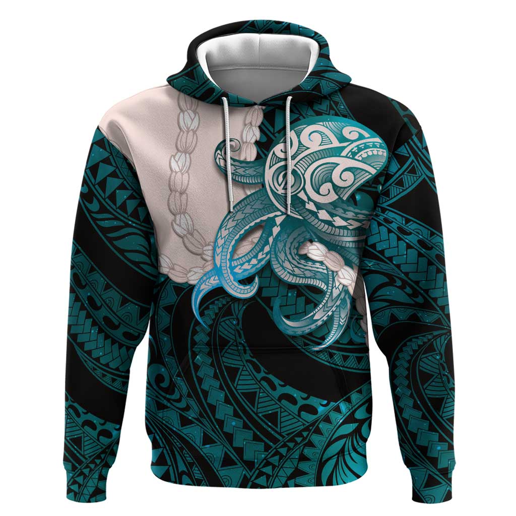 Teal Galaxy Polynesia Tribal Octopus Tattoo Hoodie Pikake Lei Polynesian Pattern