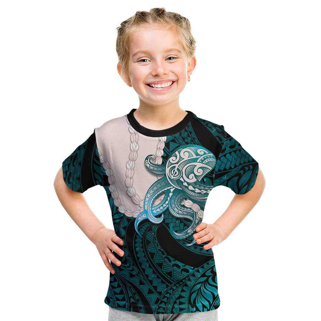 Teal Galaxy Polynesia Tribal Octopus Tattoo Kid T Shirt Pikake Lei Polynesian Pattern LT14 Teal - Polynesian Pride
