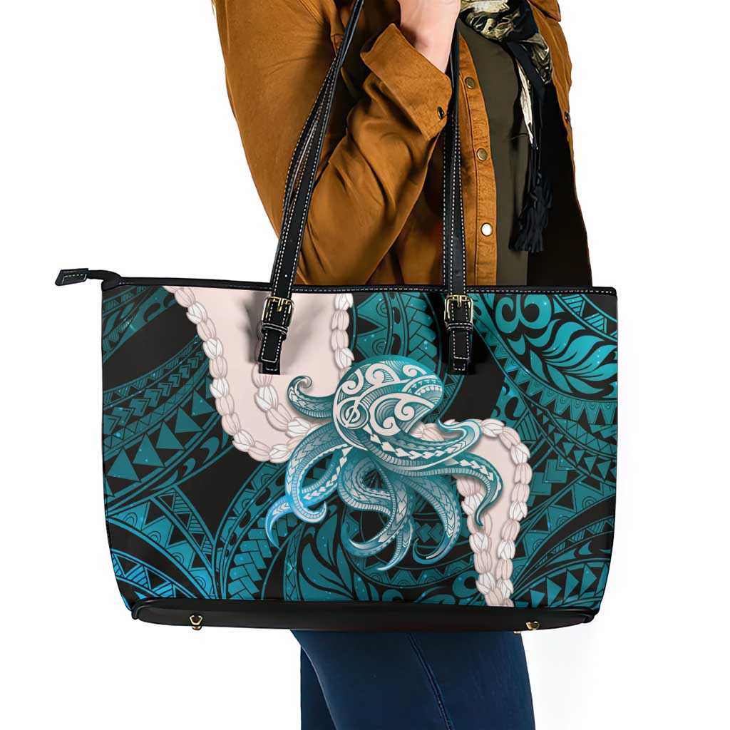 Teal Galaxy Polynesia Tribal Octopus Tattoo Leather Tote Bag Pikake Lei Polynesian Pattern LT14 - Polynesian Pride