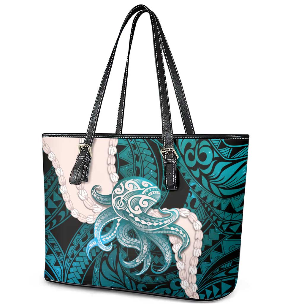 Teal Galaxy Polynesia Tribal Octopus Tattoo Leather Tote Bag Pikake Lei Polynesian Pattern LT14 - Polynesian Pride
