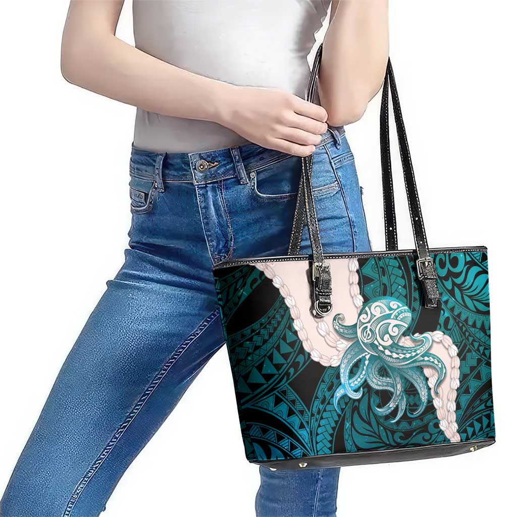Teal Galaxy Polynesia Tribal Octopus Tattoo Leather Tote Bag Pikake Lei Polynesian Pattern LT14 - Polynesian Pride
