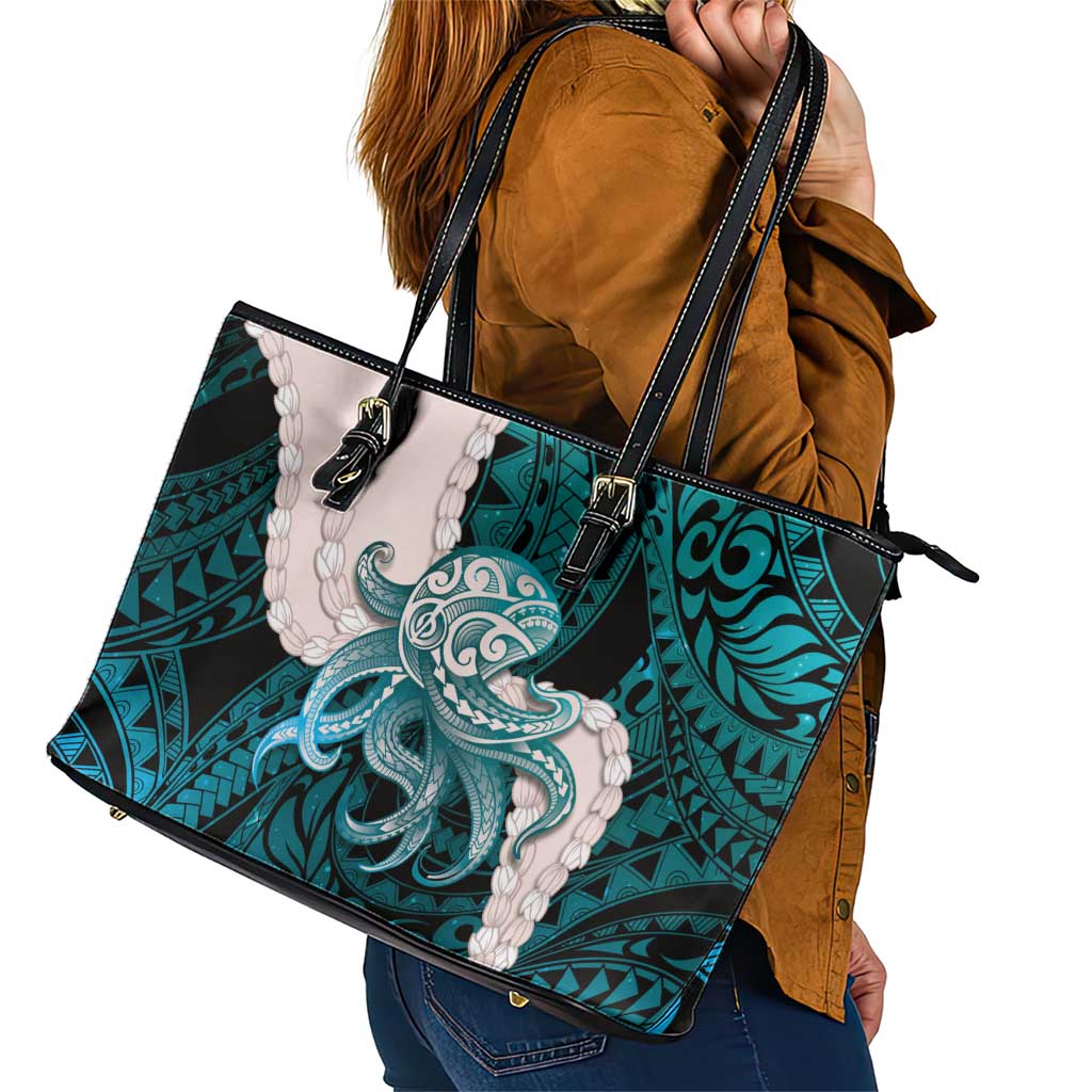 Teal Galaxy Polynesia Tribal Octopus Tattoo Leather Tote Bag Pikake Lei Polynesian Pattern LT14 - Polynesian Pride