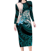 Teal Galaxy Polynesia Tribal Octopus Tattoo Long Sleeve Bodycon Dress Pikake Lei Polynesian Pattern LT14 Long Dress Teal - Polynesian Pride