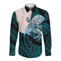 Teal Galaxy Polynesia Tribal Octopus Tattoo Long Sleeve Button Shirt Pikake Lei Polynesian Pattern LT14 Unisex Teal - Polynesian Pride