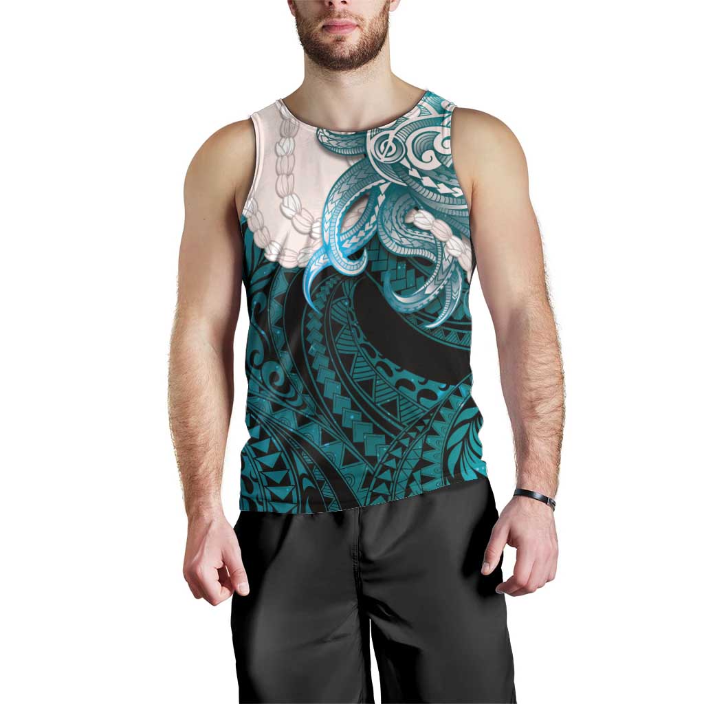 Teal Galaxy Polynesia Tribal Octopus Tattoo Men Tank Top Pikake Lei Polynesian Pattern