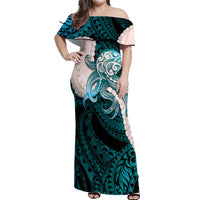 Teal Galaxy Polynesia Tribal Octopus Tattoo Off Shoulder Maxi Dress Pikake Lei Polynesian Pattern