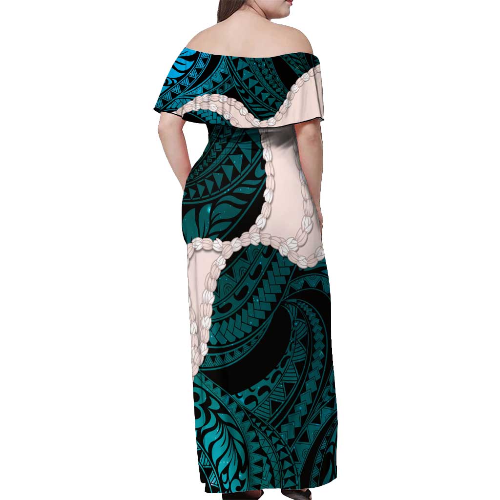 Teal Galaxy Polynesia Tribal Octopus Tattoo Off Shoulder Maxi Dress Pikake Lei Polynesian Pattern