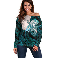 Teal Galaxy Polynesia Tribal Octopus Tattoo Off Shoulder Sweater Pikake Lei Polynesian Pattern LT14 Women Teal - Polynesian Pride