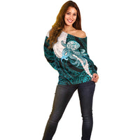 Teal Galaxy Polynesia Tribal Octopus Tattoo Off Shoulder Sweater Pikake Lei Polynesian Pattern LT14 - Polynesian Pride