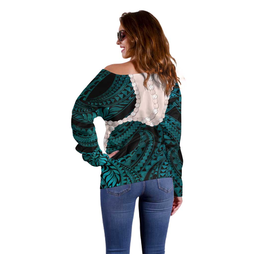 Teal Galaxy Polynesia Tribal Octopus Tattoo Off Shoulder Sweater Pikake Lei Polynesian Pattern LT14 - Polynesian Pride
