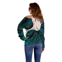 Teal Galaxy Polynesia Tribal Octopus Tattoo Off Shoulder Sweater Pikake Lei Polynesian Pattern LT14 - Polynesian Pride