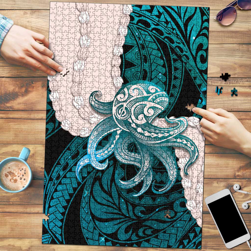 Teal Galaxy Polynesia Tribal Octopus Tattoo Puzzle Pikake Lei Polynesian Pattern LT14 Teal - Polynesian Pride