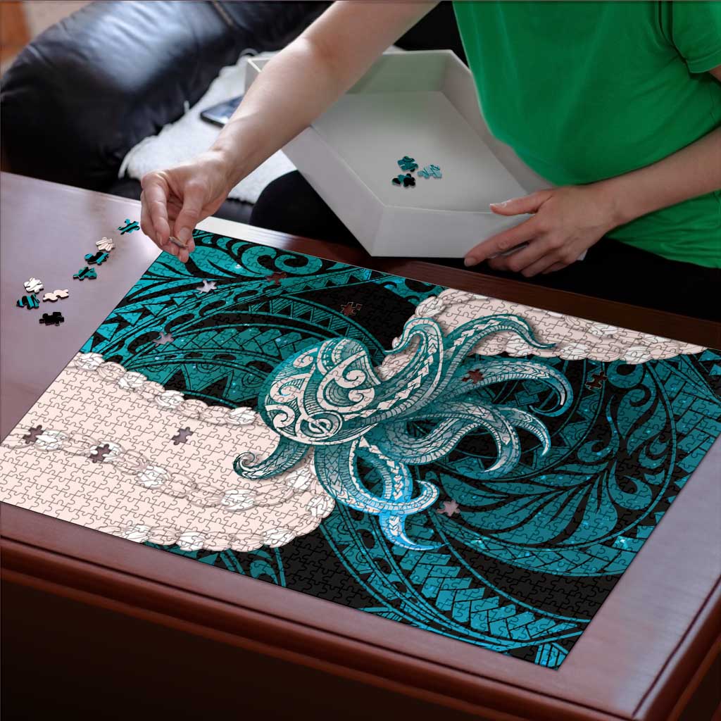 Teal Galaxy Polynesia Tribal Octopus Tattoo Puzzle Pikake Lei Polynesian Pattern LT14 - Polynesian Pride