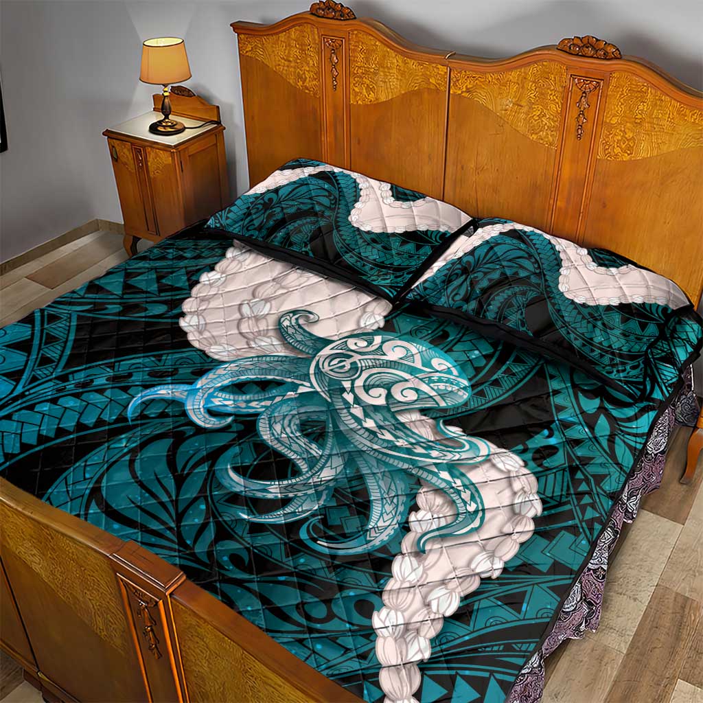 Teal Galaxy Polynesia Tribal Octopus Tattoo Quilt Bed Set Pikake Lei Polynesian Pattern LT14 - Polynesian Pride