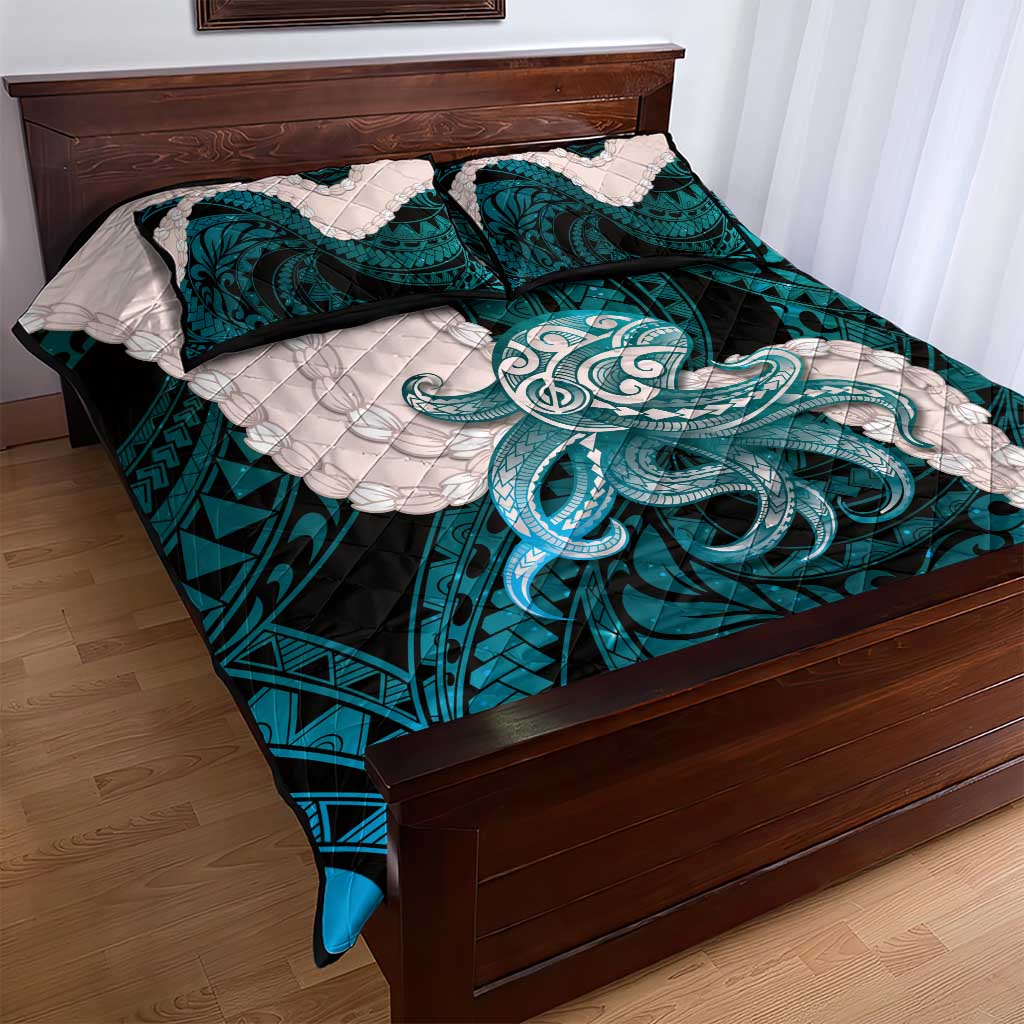 Teal Galaxy Polynesia Tribal Octopus Tattoo Quilt Bed Set Pikake Lei Polynesian Pattern LT14 - Polynesian Pride