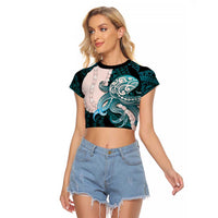 Teal Galaxy Polynesia Tribal Octopus Tattoo Raglan Cropped T Shirt Pikake Lei Polynesian Pattern LT14 Female Teal - Polynesian Pride
