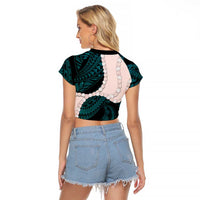 Teal Galaxy Polynesia Tribal Octopus Tattoo Raglan Cropped T Shirt Pikake Lei Polynesian Pattern LT14 - Polynesian Pride