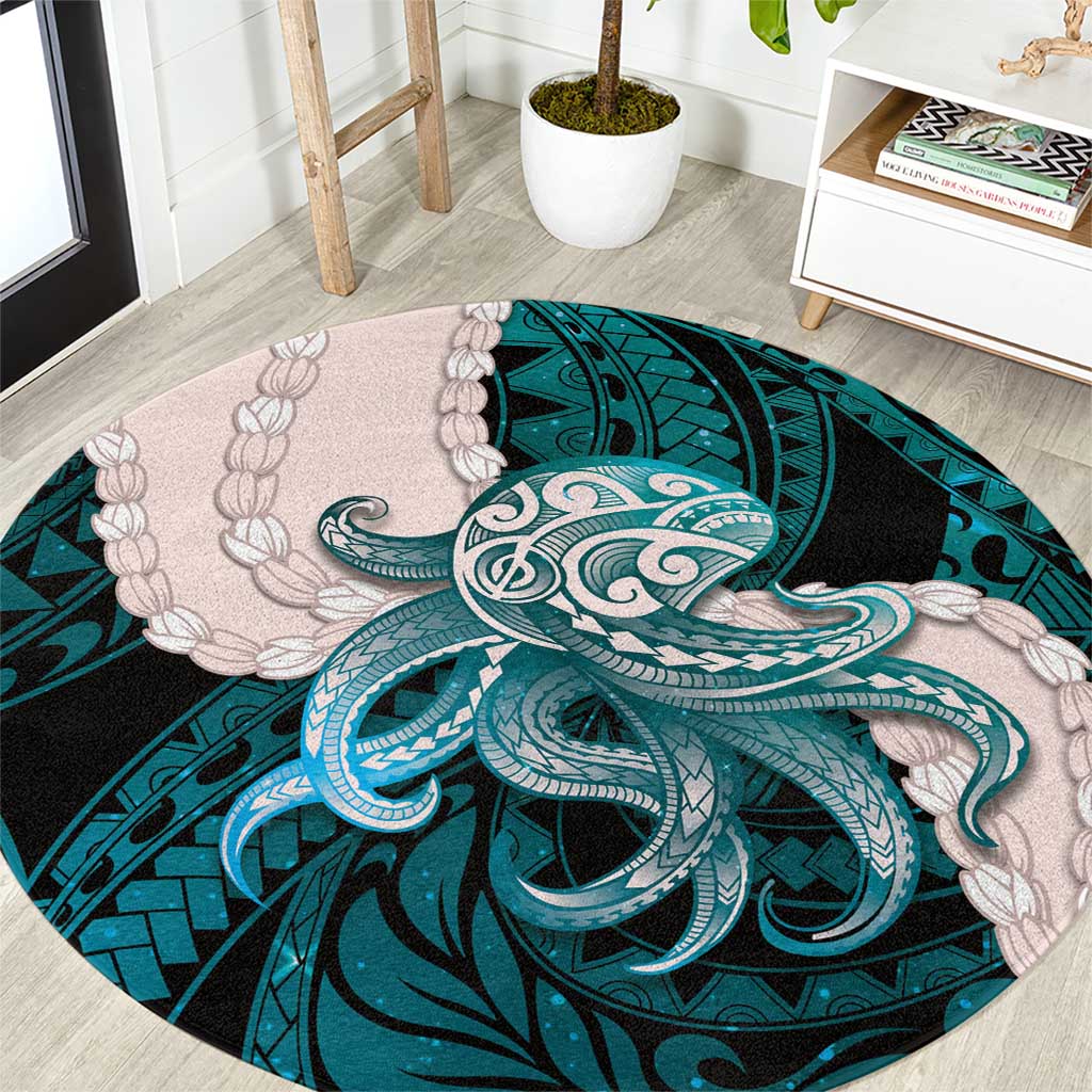 Teal Galaxy Polynesia Tribal Octopus Tattoo Round Carpet Pikake Lei Polynesian Pattern LT14 Teal - Polynesian Pride