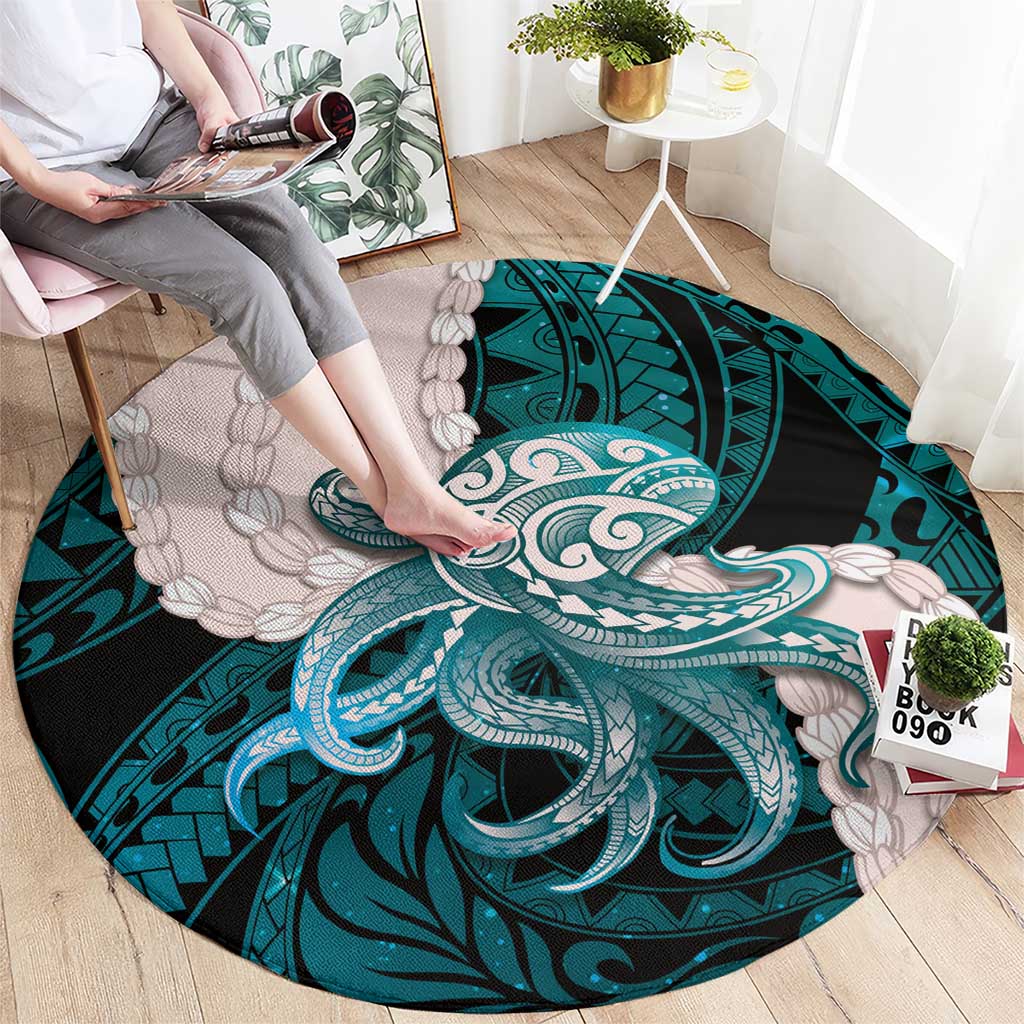 Teal Galaxy Polynesia Tribal Octopus Tattoo Round Carpet Pikake Lei Polynesian Pattern LT14 - Polynesian Pride