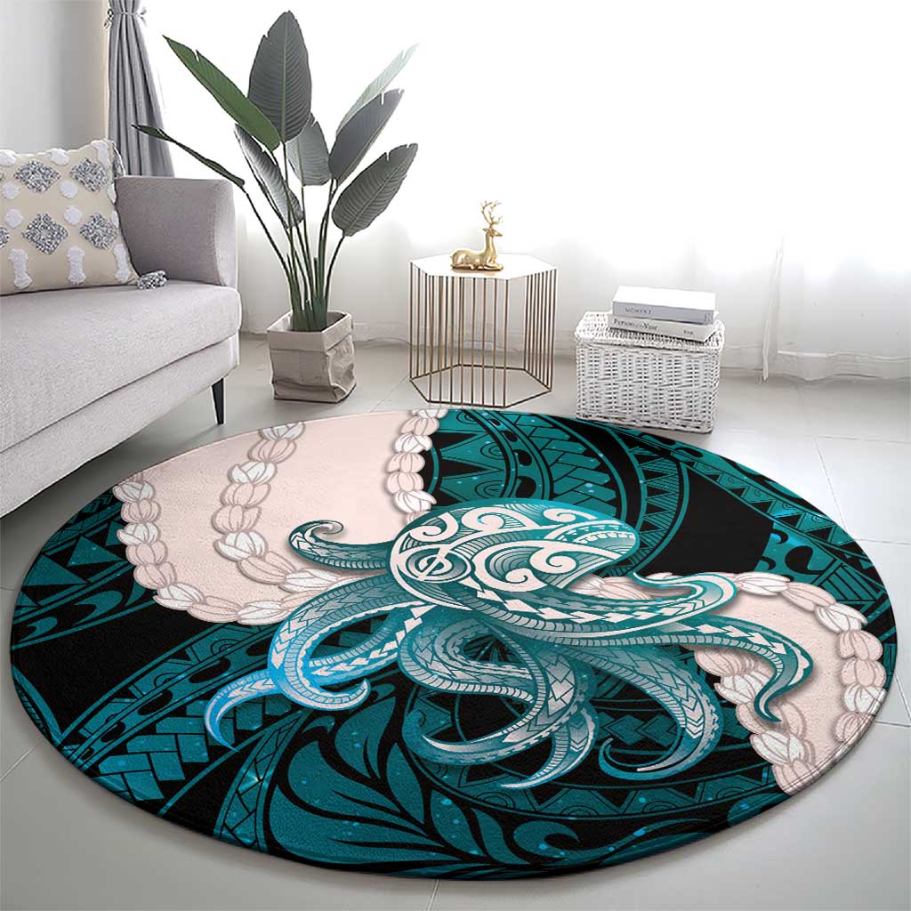 Teal Galaxy Polynesia Tribal Octopus Tattoo Round Carpet Pikake Lei Polynesian Pattern LT14 - Polynesian Pride